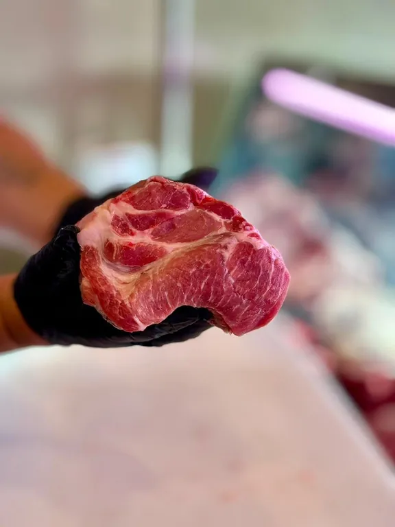 Corte vacuno fresco sostenido con guantes en el mostrador